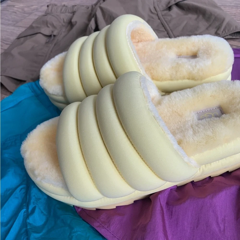 UGG Butter Yellow Sheepskin Fur Puff Maxi Slide Platform Shoes